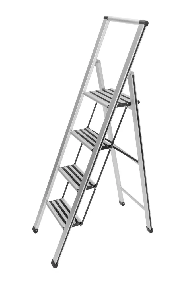 Alu-Design Klapptrittleiter 4-stufig Silber, rutschfeste Haushaltsleiter, Sicherheits-Stehleiter