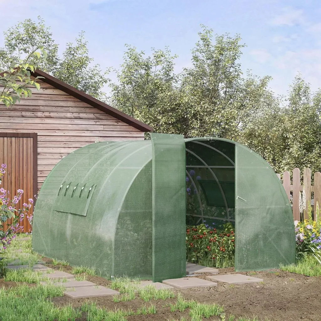 Foliengewächshaus 4 x 3 x 2 m Tunnel Gewächshaus Treibhaus Pflanzenhaus Folienzelt 2 Fenster Gitterfolie Grün
