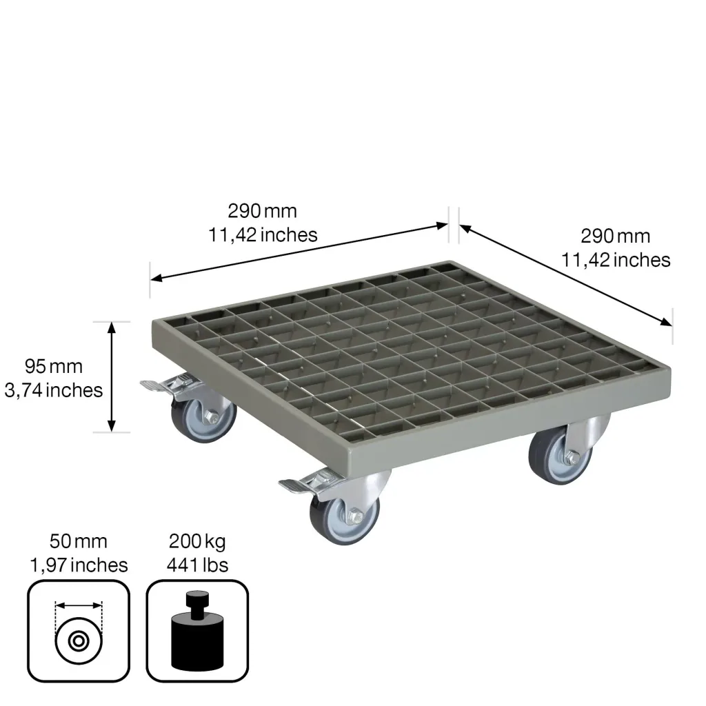 Multi Roller MR 7016, 29 x 29 x 9,5 cm, softe Rollen Ø 50 mm, Rollenlager, 2 Bremsen, Gitterrost, Tragkraft 200 kg