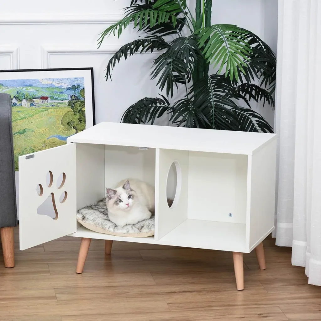 2-in-1 Katzenhaus Katzentoilette Katzenhöhle Katzenwohnung mit magnetischer Türen Kissen Spanplatte Kiefernholz Nylon