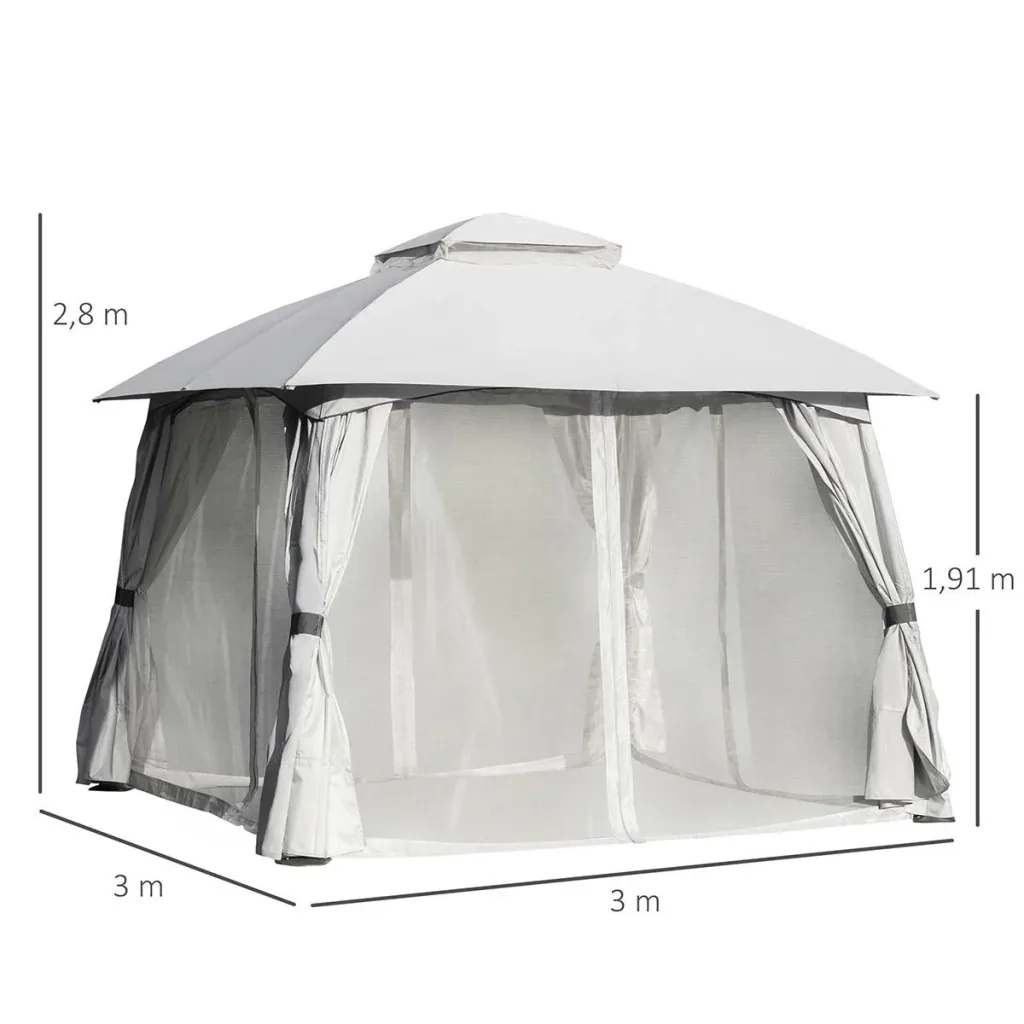 Pavillon mit Seitenwände Partyzelt mit Doppeldach 3x3x2,8m Festzelt Gartenlaube Stahl Polyester Hellgrau