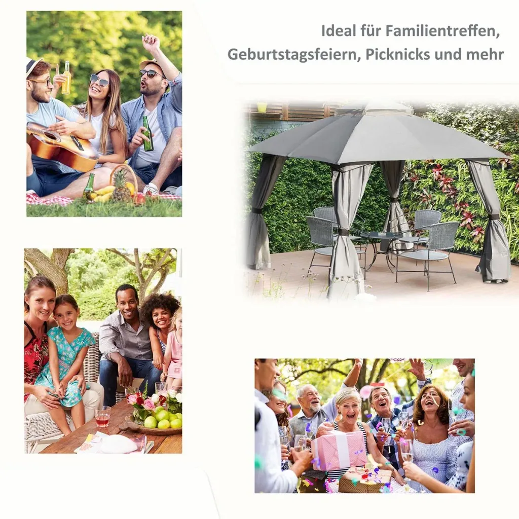 Pavillon mit Seitenwände Partyzelt mit Doppeldach 3x3x2,8m Festzelt Gartenlaube Stahl Polyester Hellgrau