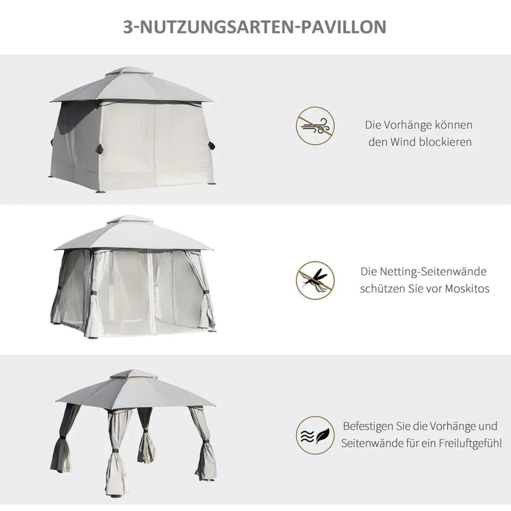 Pavillon mit Seitenwände Partyzelt mit Doppeldach 3x3x2,8m Festzelt Gartenlaube Stahl Polyester Hellgrau