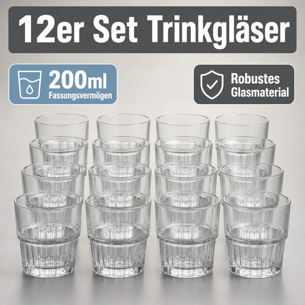 Wassergläser, Trinkgläser, Saftgläser (12 Stück, 200ml) - Next, Robust & Elegant