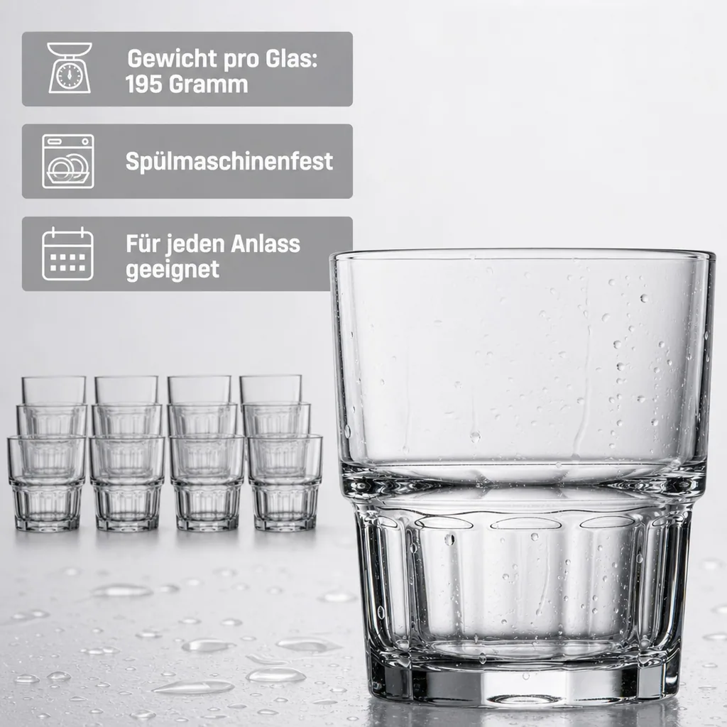 Wassergläser, Trinkgläser, Saftgläser (12 Stück, 200ml) - Next, Robust & Elegant