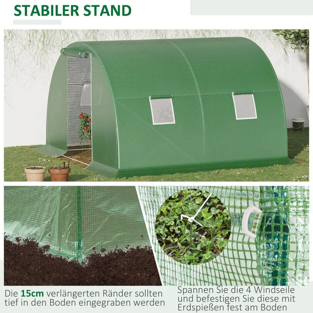 Foliengewächshaus begehbares Polytunnel 3 x 3 m Gewächshaus mit 4 Fenster Treibhaus Frostschutz Stahlrohr Dunkelgrün
