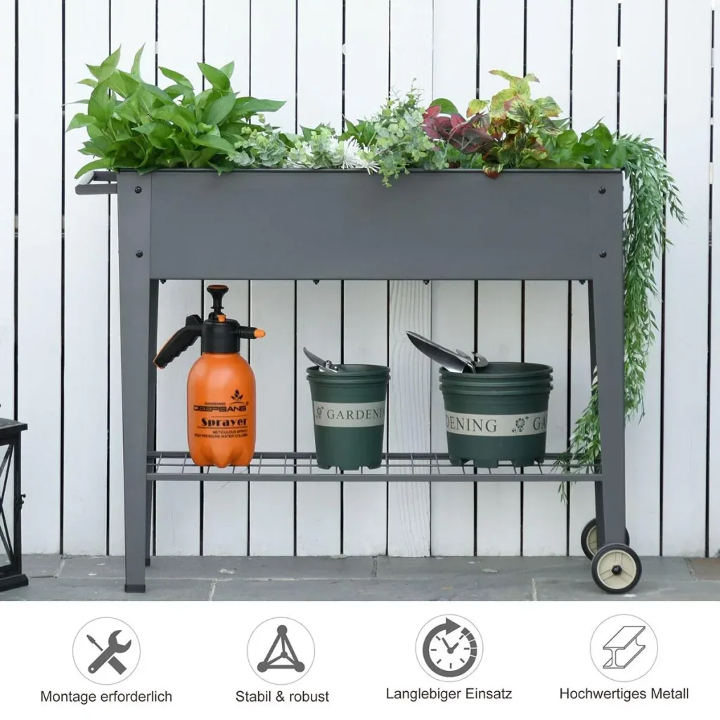 Hochbeet mit Rädern und Regal für Garten und Balkon Kräuterbeet Pflanzenbeet Metall Kunststoff Grau 104 x 39 x 80 cm