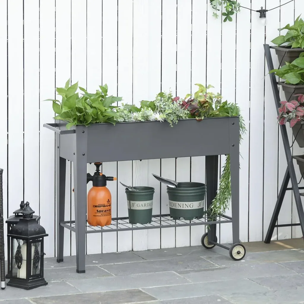 Hochbeet mit Rädern und Regal für Garten und Balkon Kräuterbeet Pflanzenbeet Metall Kunststoff Grau 104 x 39 x 80 cm
