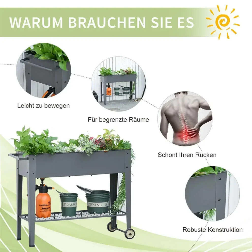 Hochbeet mit Rädern und Regal für Garten und Balkon Kräuterbeet Pflanzenbeet Metall Kunststoff Grau 104 x 39 x 80 cm