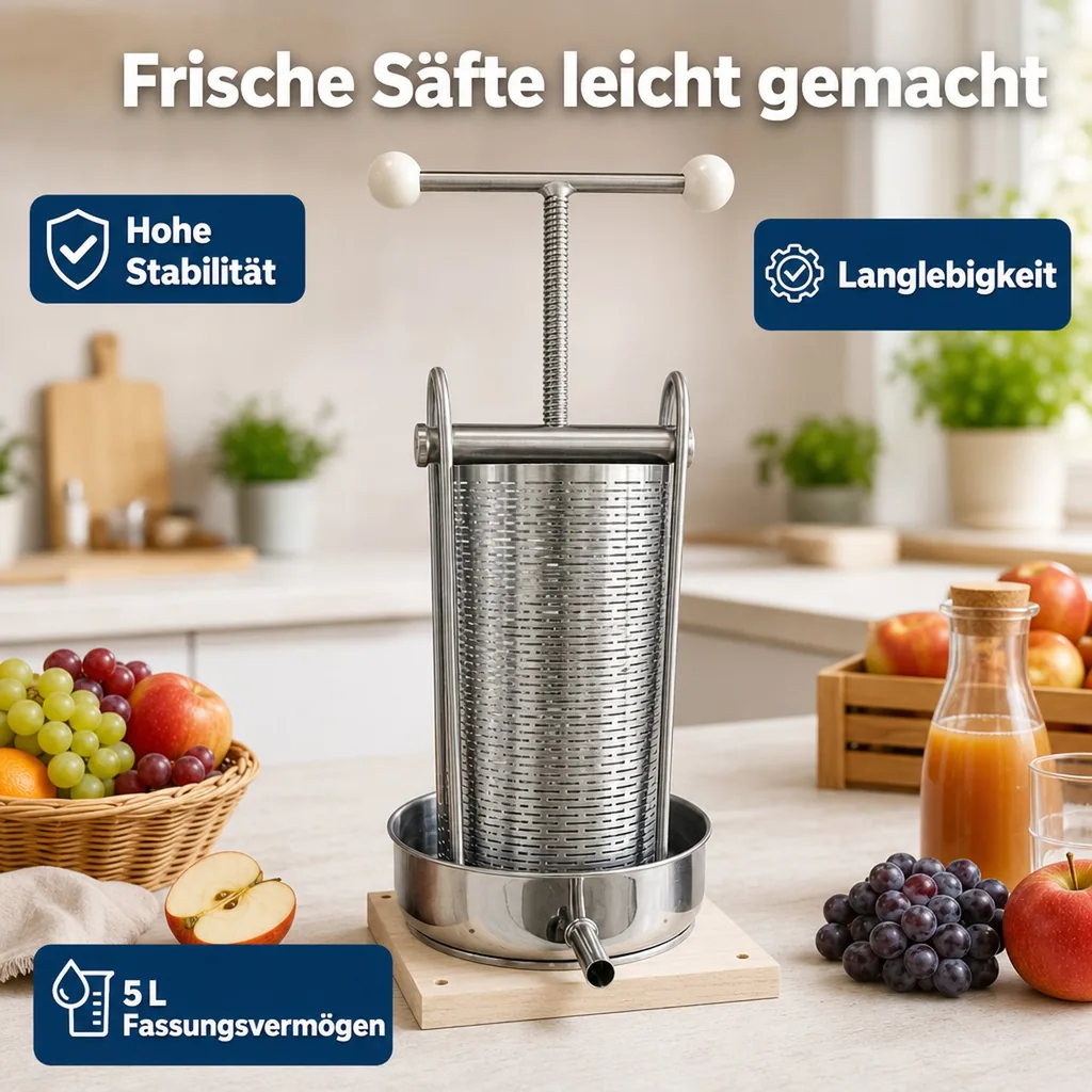 Saftpresse, Obstpresse, Weinpresse, Apfelpresse - Maxi, mit Edelstahl Doppelkorb, 5L