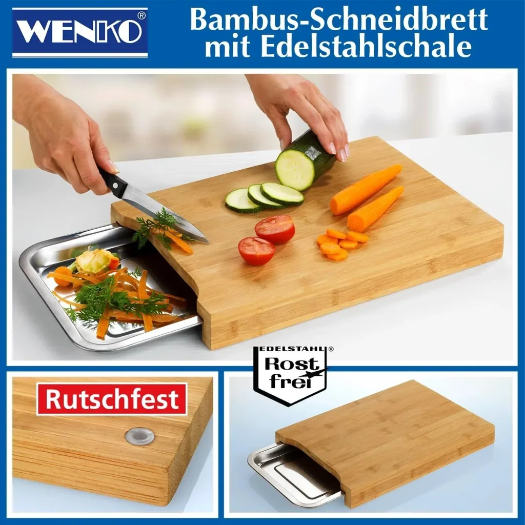 Bambus-Schneidbrett mit Edelstahl-Auffangschale