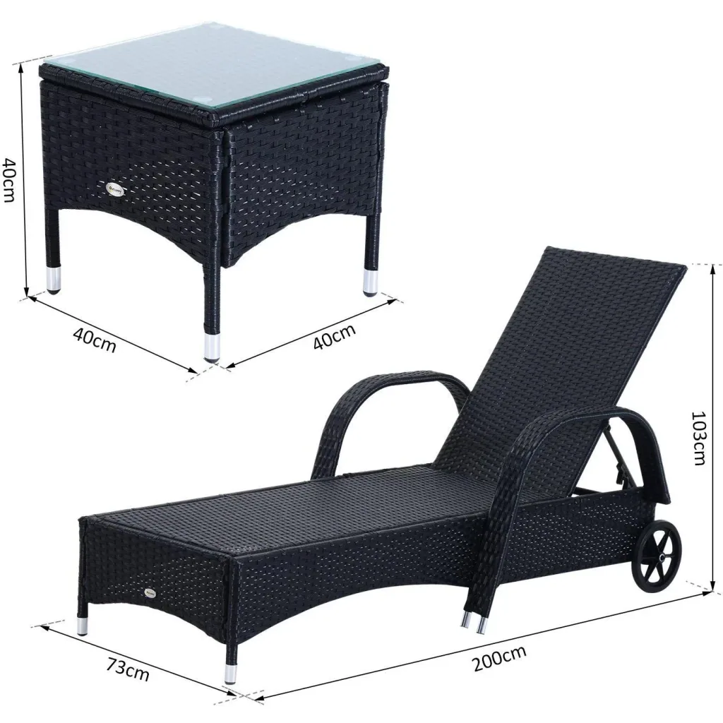 Sonnenliege Tisch 3er Set Gartenmöbel Polyrattan Schwarz