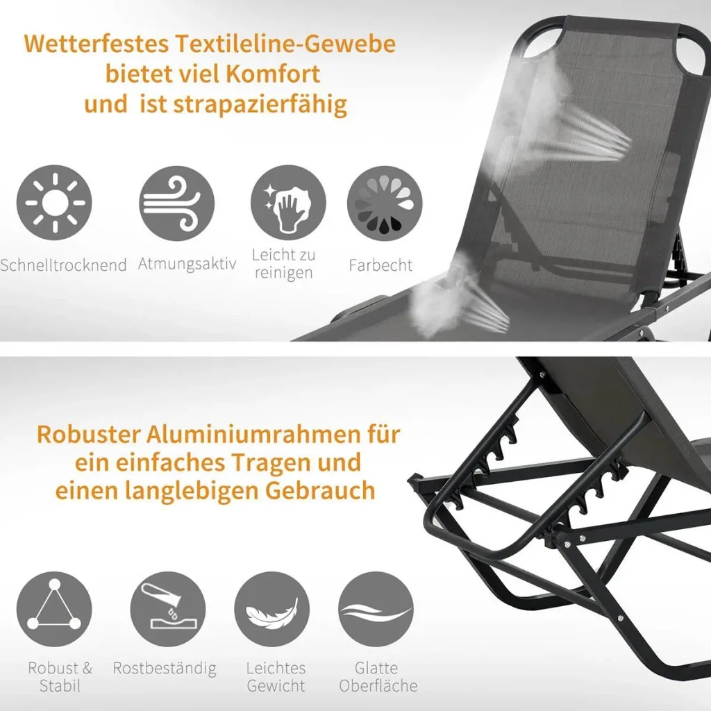 Sonnenliege Strandliege 5-Stufige Alu Gartenliege Relaxliege Texteline Grau+Schwarz 163 x 58,5 x 91 cm