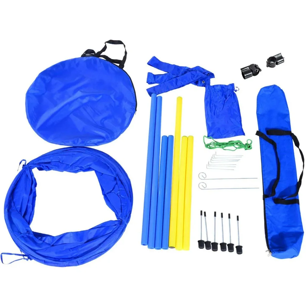 Hund Agility Set/Slalom Tunnel Hürde inkl. Tragetasche Blau/Gelb