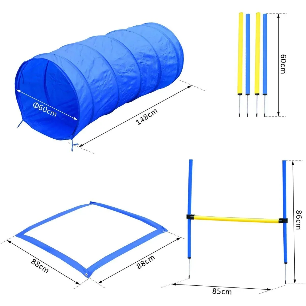 Hund Agility Set/Slalom Tunnel Hürde inkl. Tragetasche Blau/Gelb