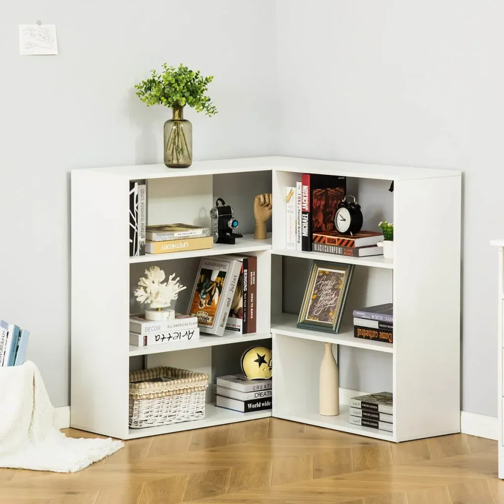 Bücherregal Eck-Bücherregal L-Form Standregal mit 6 Fächern Dekoregal Eckregal Medienregal 360° drehbar modern für Wohnz