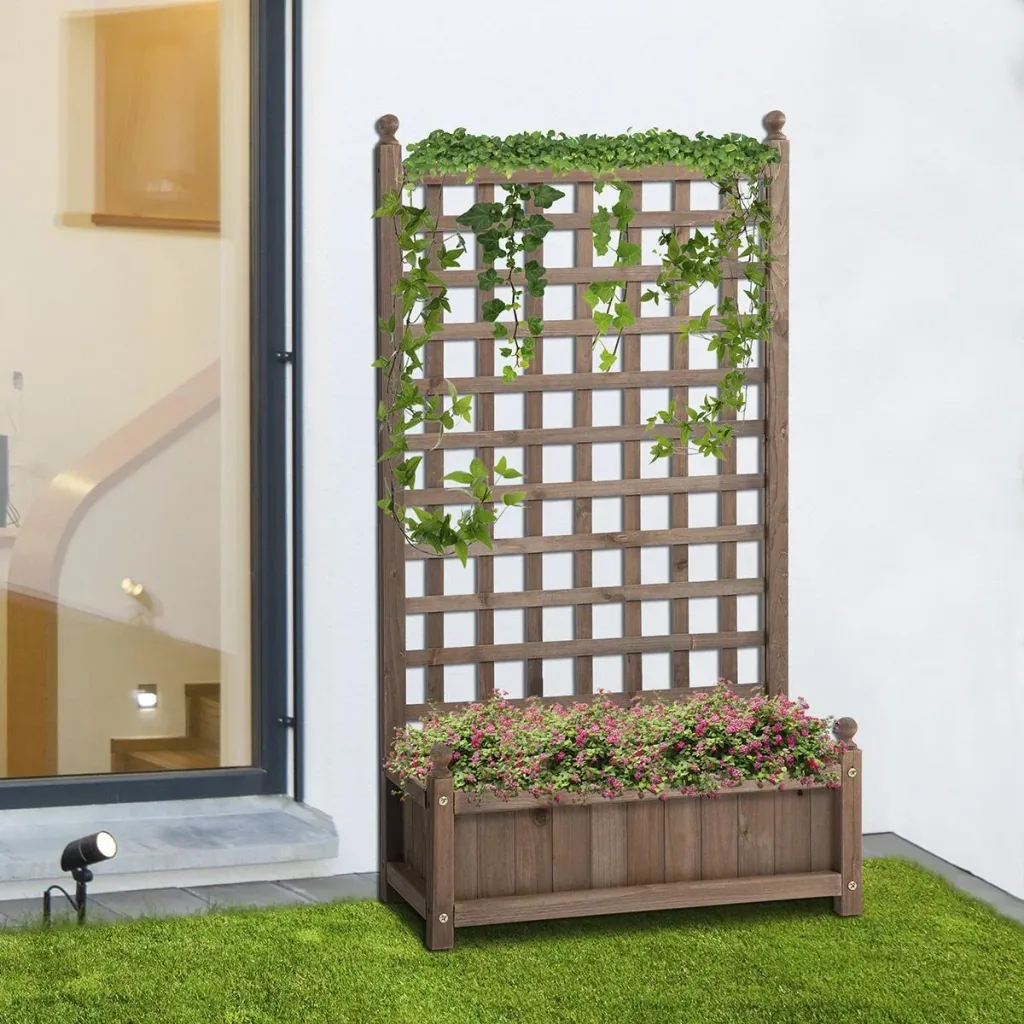 Pflanzkasten mit Rankgitter Blumenkasten Rankkasten Rosenbogen mit Rankhilfe für Kletterpflanzen Garten Holz Dunkelbrau
