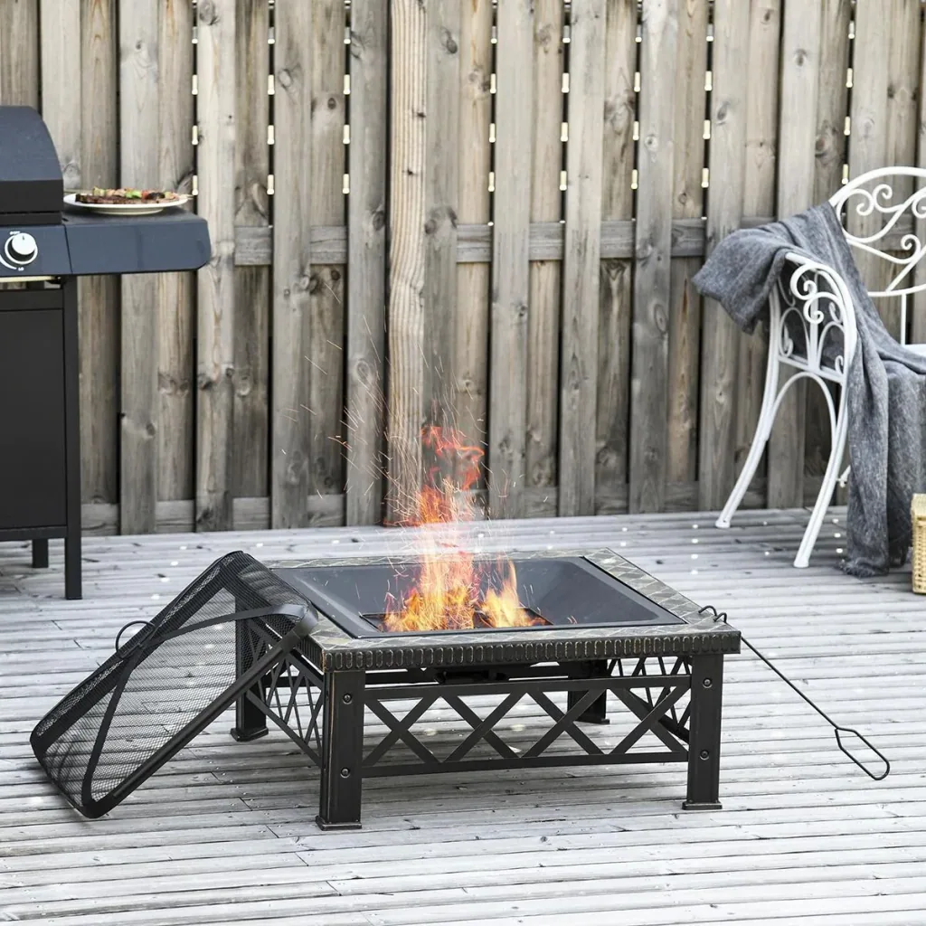 3-in-1 Feuerschale Feuerkorb Feuerstelle mit Funkenschutz Grillrost Eiskübel Garten BBQ Schwarz 76 x 76 x 47 cm
