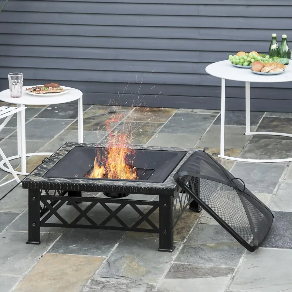 3-in-1 Feuerschale Feuerkorb Feuerstelle mit Funkenschutz Grillrost Eiskübel Garten BBQ Schwarz 76 x 76 x 47 cm