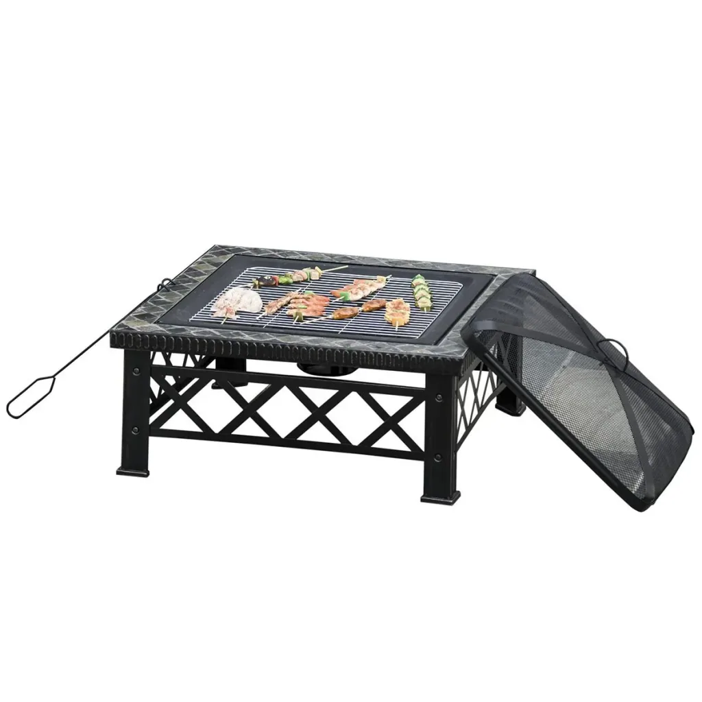 3-in-1 Feuerschale Feuerkorb Feuerstelle mit Funkenschutz Grillrost Eiskübel Garten BBQ Schwarz 76 x 76 x 47 cm