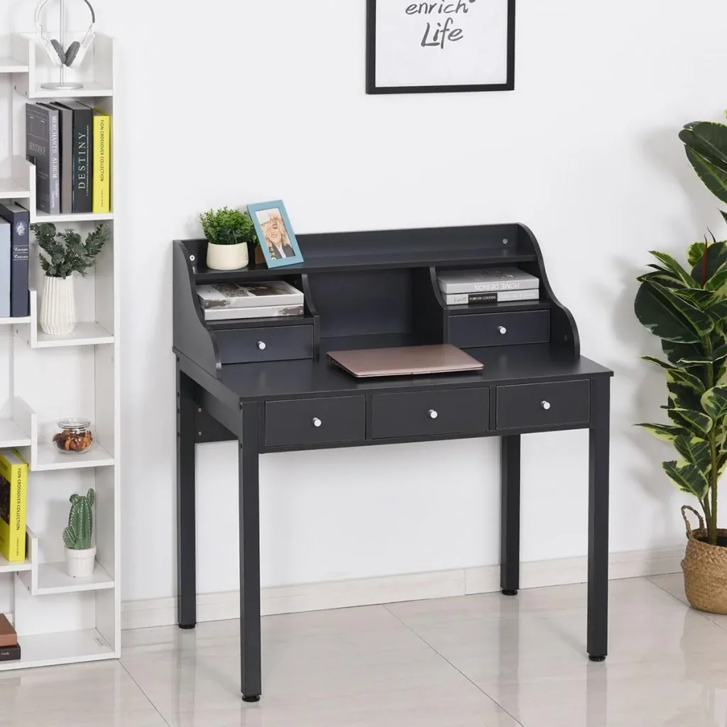 Schreibtisch mit Regal Schublade, Arbeitstisch, Computertisch, Bürotisch, MDF, Dunkelgrau, 100 x 60 x 105 cm