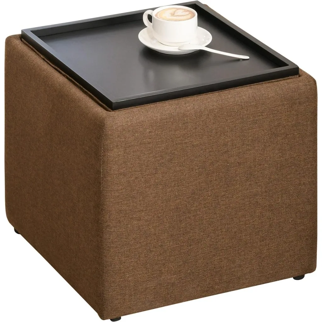 Sitzhocker mit Stauraum, Fußhocker, Polsterhocker, Aufbewahrungsbox, Deckel Abnehmbar, Leinen, Braun, 42 x 42 x 41 cm