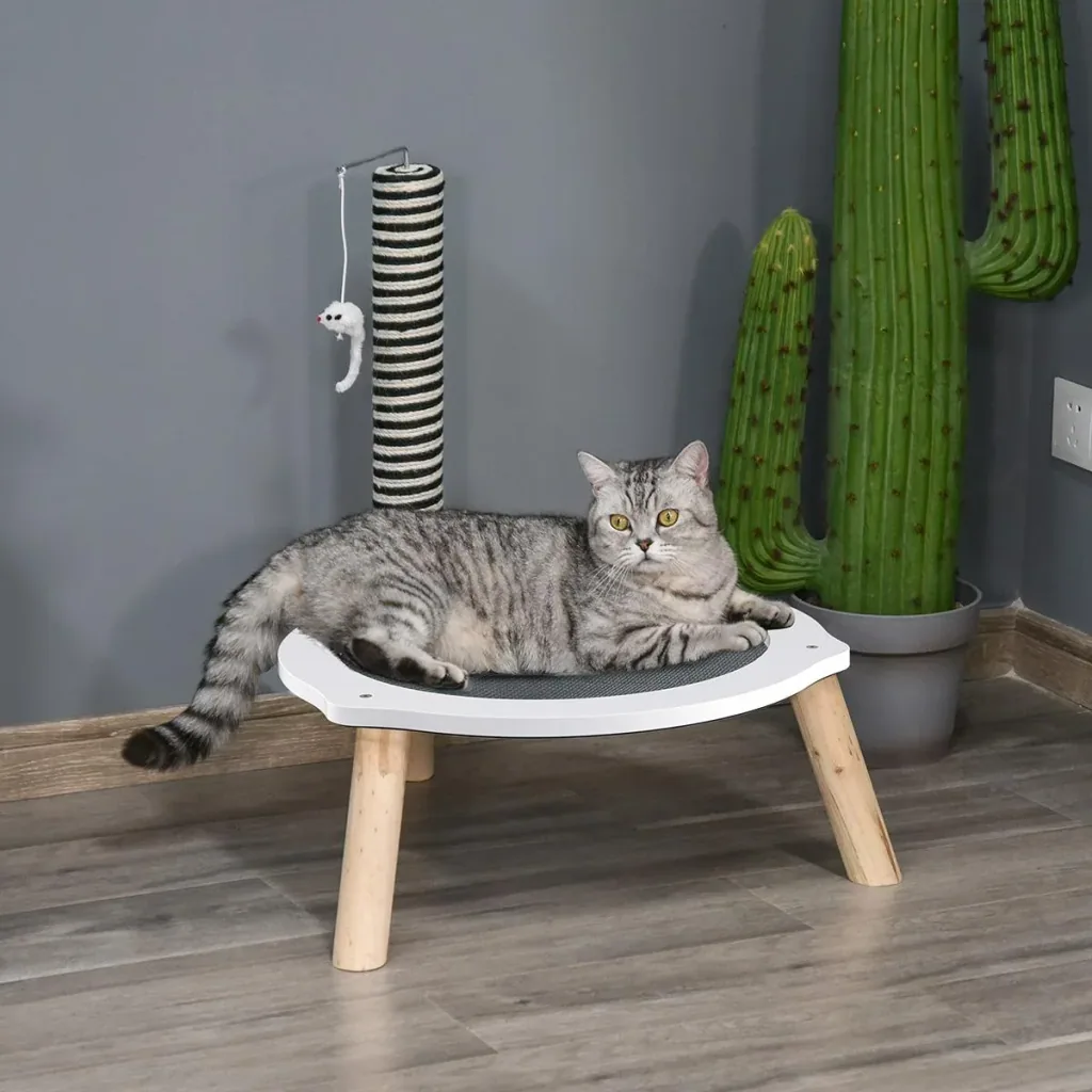 Katzenbett, Katzen Bettchen Gross, Katzenfangpfosten und Spielzeug-Maus, MDF, Tannenholz, Oxford-Tuch, Sisal, Weiß+Grau+