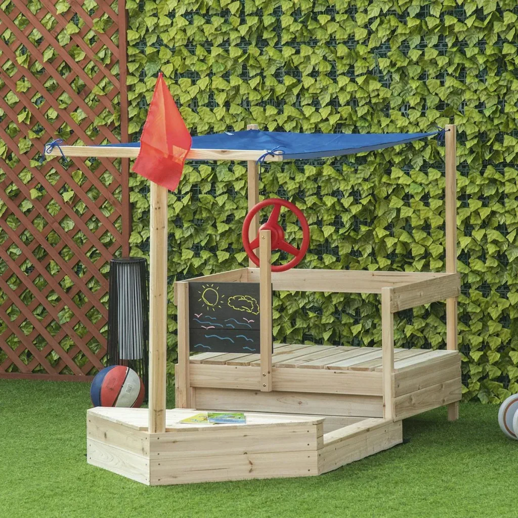 Sandkasten mit Abdeckung Schiff Design Matschekiste aus Holz Spielhaus für Kinder 3-8 Jahre Natur 180 x 91,5 x 144 cm