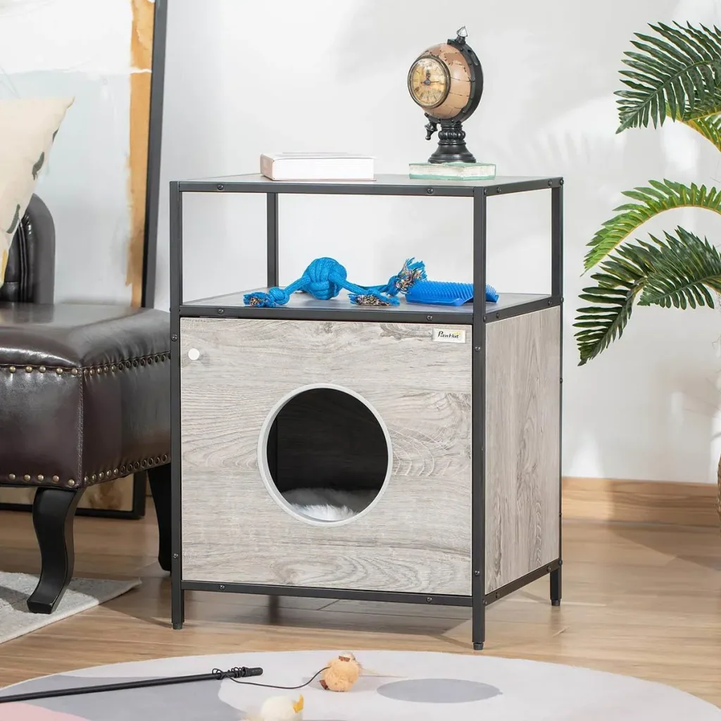 Katzenhöhle Katzenschrank Katzenbett Katzenhaus mit Tür offenem Regal Katzenkommode Beistelltisch Spanplatte Plüsch Grau