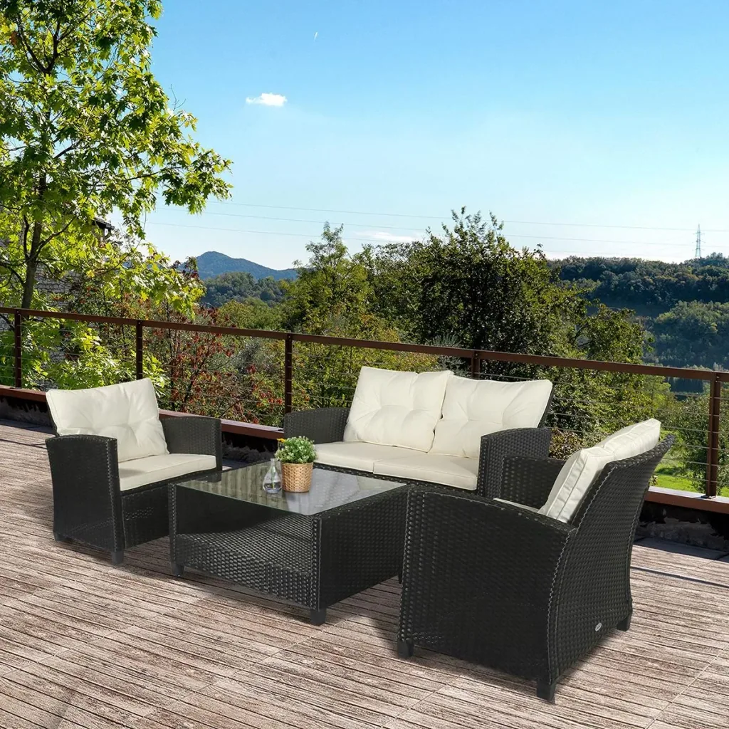 Polyrattan Sitzgarnitur 4 tlg. Sitzgruppe Gartenset Sofagarnitur Gartenmöbel Set Lounge Metall Luxus Schwarz