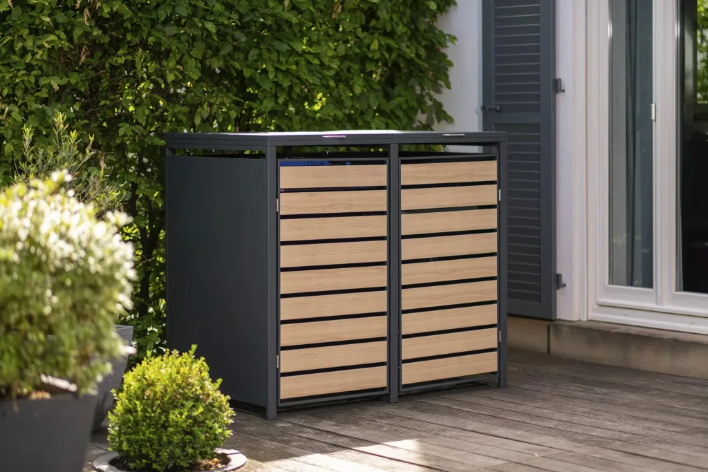 Westmann Mülltonnenbox Lacina für 2x 240 L, 132×80×116 cm, Holzoptik – pulverbeschichteter Stahl