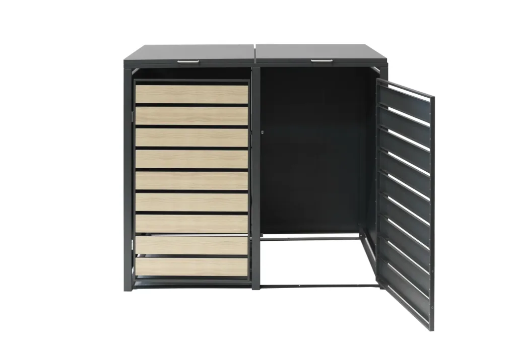 Westmann Mülltonnenbox Lacina für 2x 240 L, 132×80×116 cm, Holzoptik – pulverbeschichteter Stahl