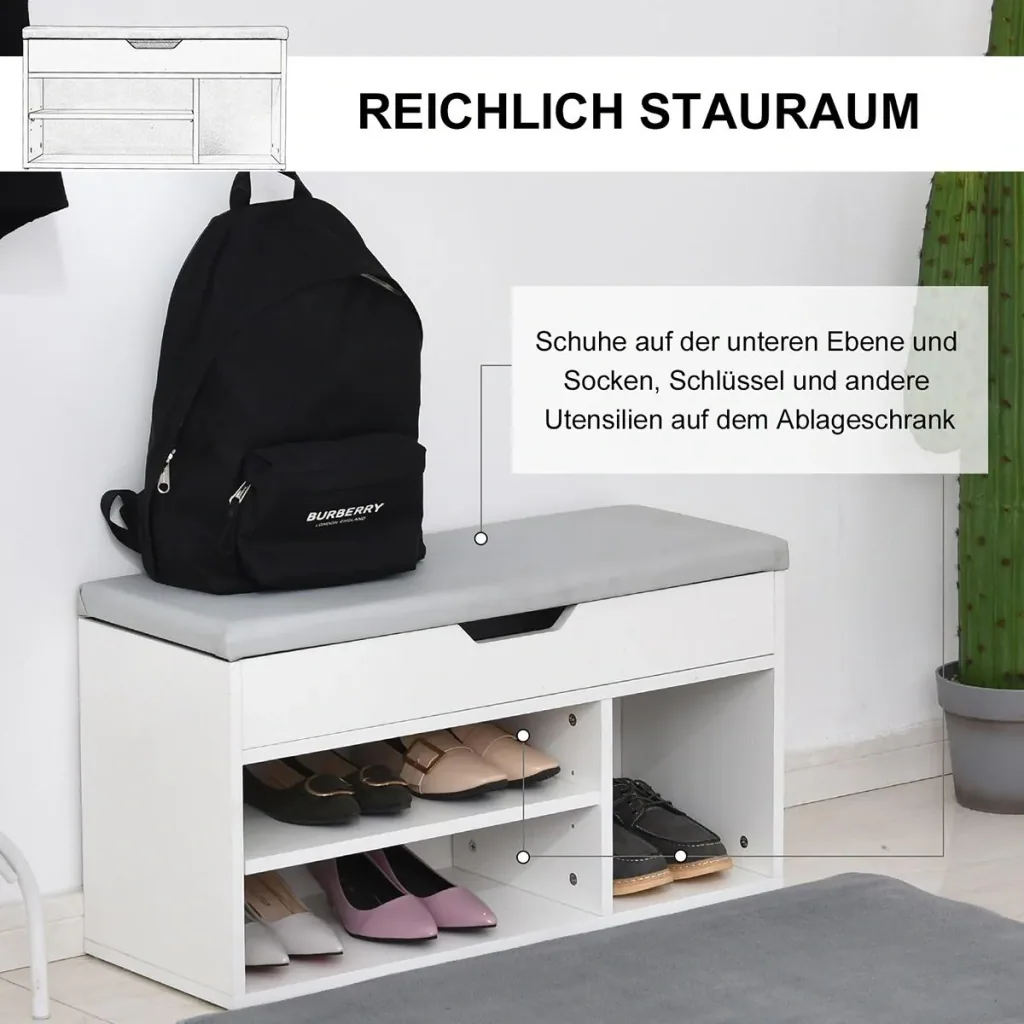 Sitzbank mit Schuhregal und Stauraum unter Polstersitzbank Weiß