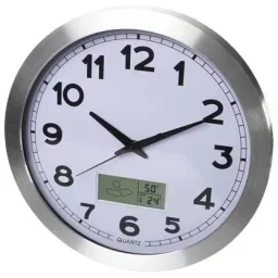 Aluminium Wanduhr mit LCD-Display und Thermometer, Hygrometer & Wettervorhersage - Ø 35 cm