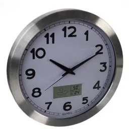 Aluminium Wanduhr mit LCD-Display und Thermometer, Hygrometer & Wettervorhersage - Ø 35 cm