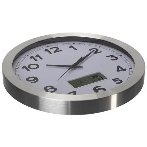 Aluminium Wanduhr mit LCD-Display und Thermometer, Hygrometer & Wettervorhersage - Ø 35 cm