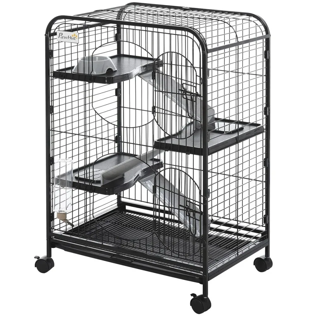 Kleintierkäfig rollbarer Nagerkäfig 3-stöckiger Tierkäfig mit Hängematten 2 Türen Metall 64 x 43,5 x 93 cm
