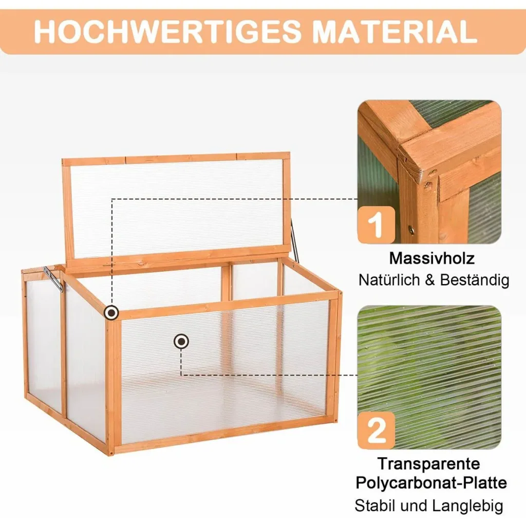 Frühbeet Treibhaus Gewächshaus Frühbeetkasten Pflanzenbeet mit Abdeckung aus Holz und Polycarbonat wetterfest Orange 90