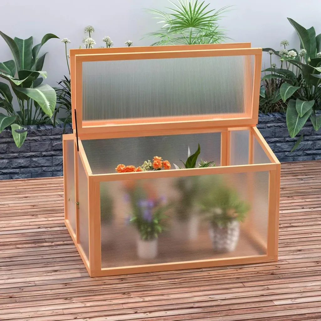 Frühbeet Treibhaus Gewächshaus Frühbeetkasten Pflanzenbeet mit Abdeckung aus Holz und Polycarbonat wetterfest Orange 90
