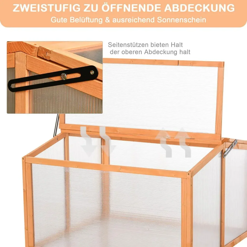 Frühbeet Treibhaus Gewächshaus Frühbeetkasten Pflanzenbeet mit Abdeckung aus Holz und Polycarbonat wetterfest Orange 90