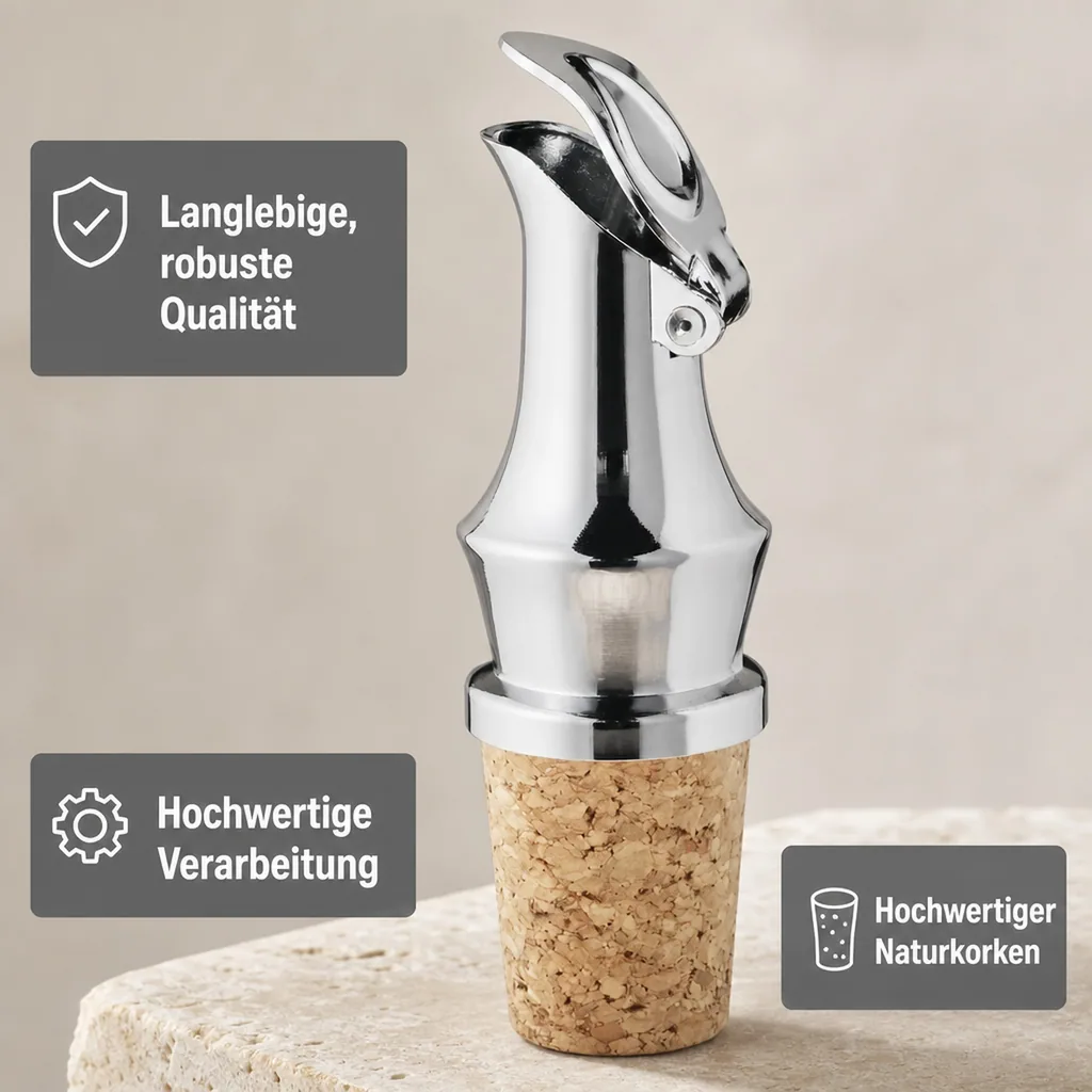 Flaschenausgießer, Ausgießer für flaschen - FROG, Metall-Ausg. mit Kläppchen und Naturkorken
