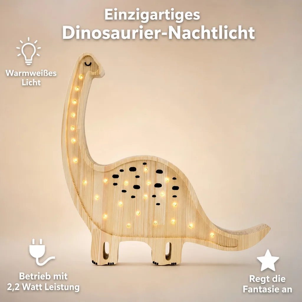 Little Lights Nachtlicht Kinder, Nachtlampe Dinosaurier - 100% Kiefernholz natur