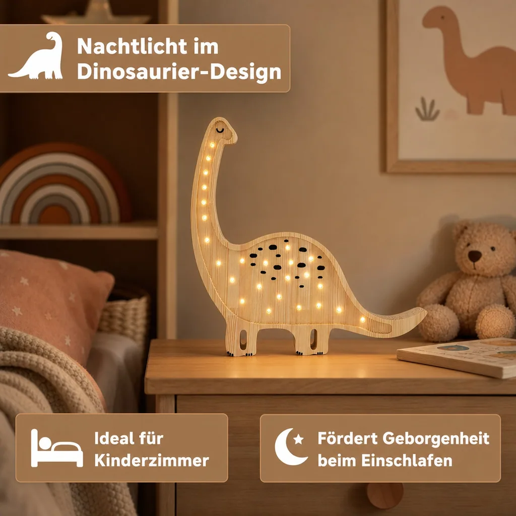 Little Lights Nachtlicht Kinder, Nachtlampe Dinosaurier - 100% Kiefernholz natur