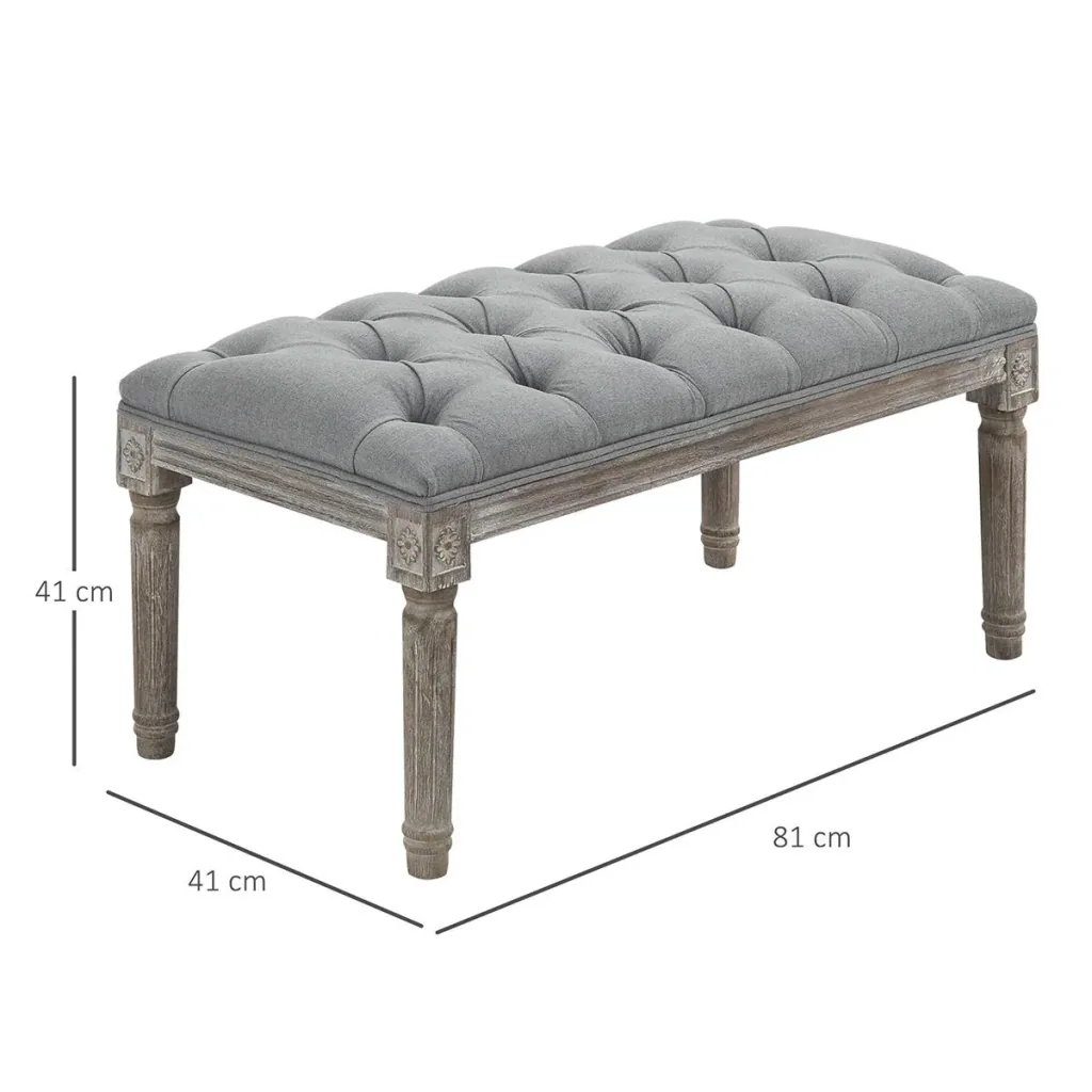 Polsterbank Sitzbank Vintage Bettbank mit Knöpfen Gummiholz Leinen Grau 81 x 41 x 41 cm
