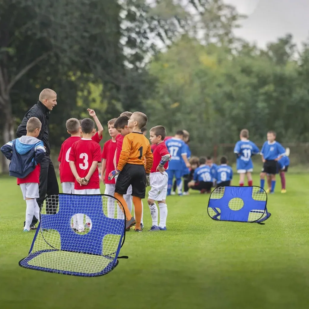 Fußballtore, Pop Up Tor, Tragbares Fußballnetz, 2er Set Minitore, mobil mit Tragetasche, Faltbar, Blau, 123 x 80 x 80 cm