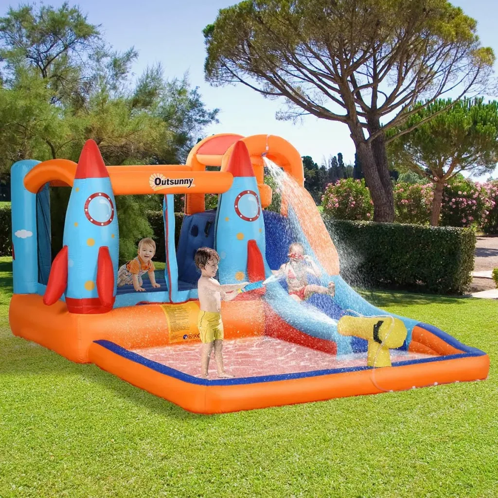 Aufblasbare Hüpfburg mit Rutsche für 4 Kinder Burg Springburg mit Gebläse Spielburg Spielhaus für 3-10 Jahre Kindergarte