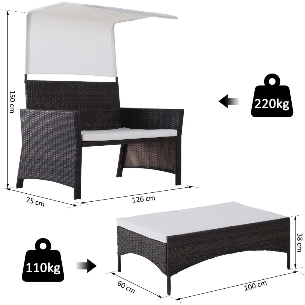 2-tlg, Gartensofa Gartenmöbel Lounge Gartenset Rattanmöbel Braun Polyrattan 1 x Hocker mit Sonnendach