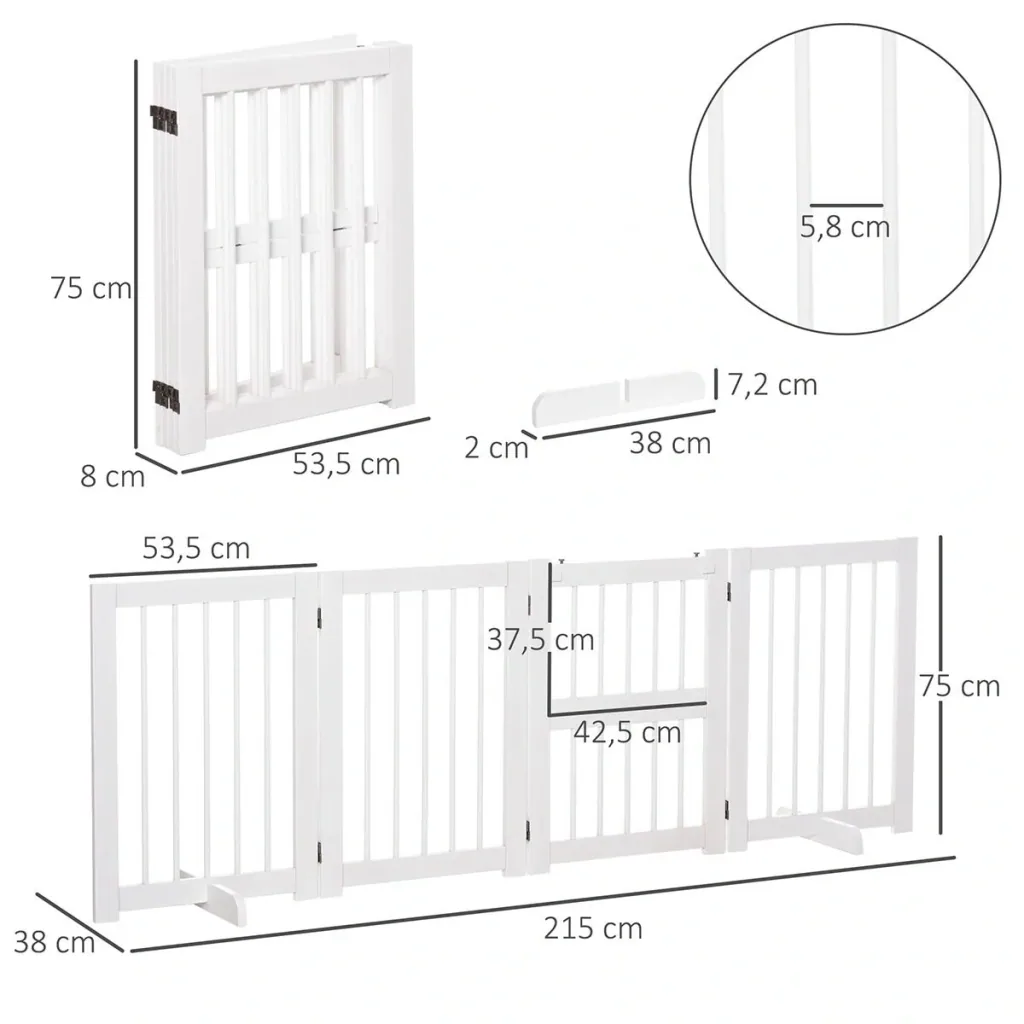 Hunde Absperrgitter Türschutzgitter Schutzgitter Konfigurationsgitter klappbar mit 4 Stücke Kiefernholz Weiß 215 x 38 x