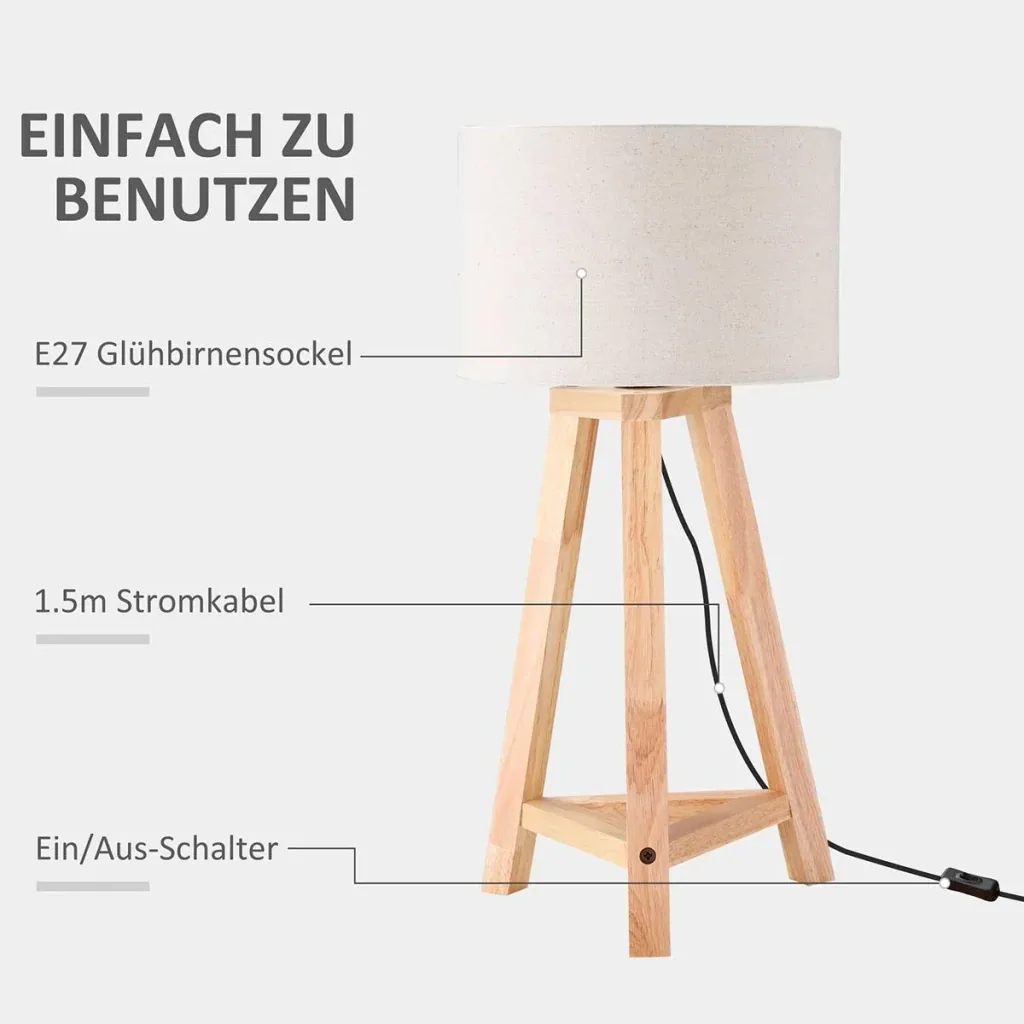 Tischlampe aus Holz Nachttischlampe 58 cm Tischleuchte E27-Fassung 40 W Leinen-Schirme Holzfuß Weiß+Natur