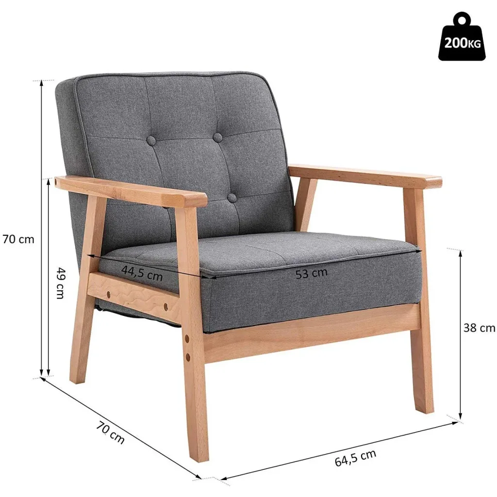 Einzelsofa Loungesessel Polsterstuhl mit Armlehnen Holzrahmen Leinen Grau 64,5 x 70 x 70 cm